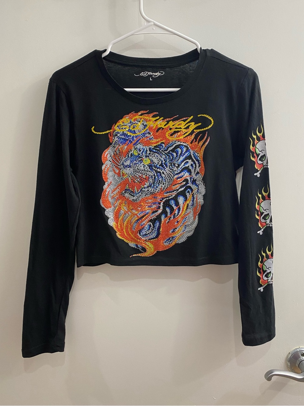 Ed Hardy Flaming Tiger Rhinestone Baby Tee Size Large